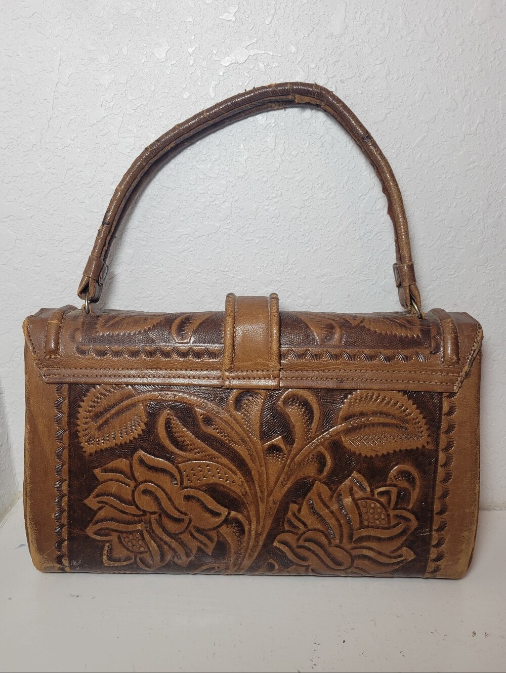 Vintage Tooled Leather Satchel Purse Flores Bags Brown Boho Western Mexico Read - Picture 2 of 11